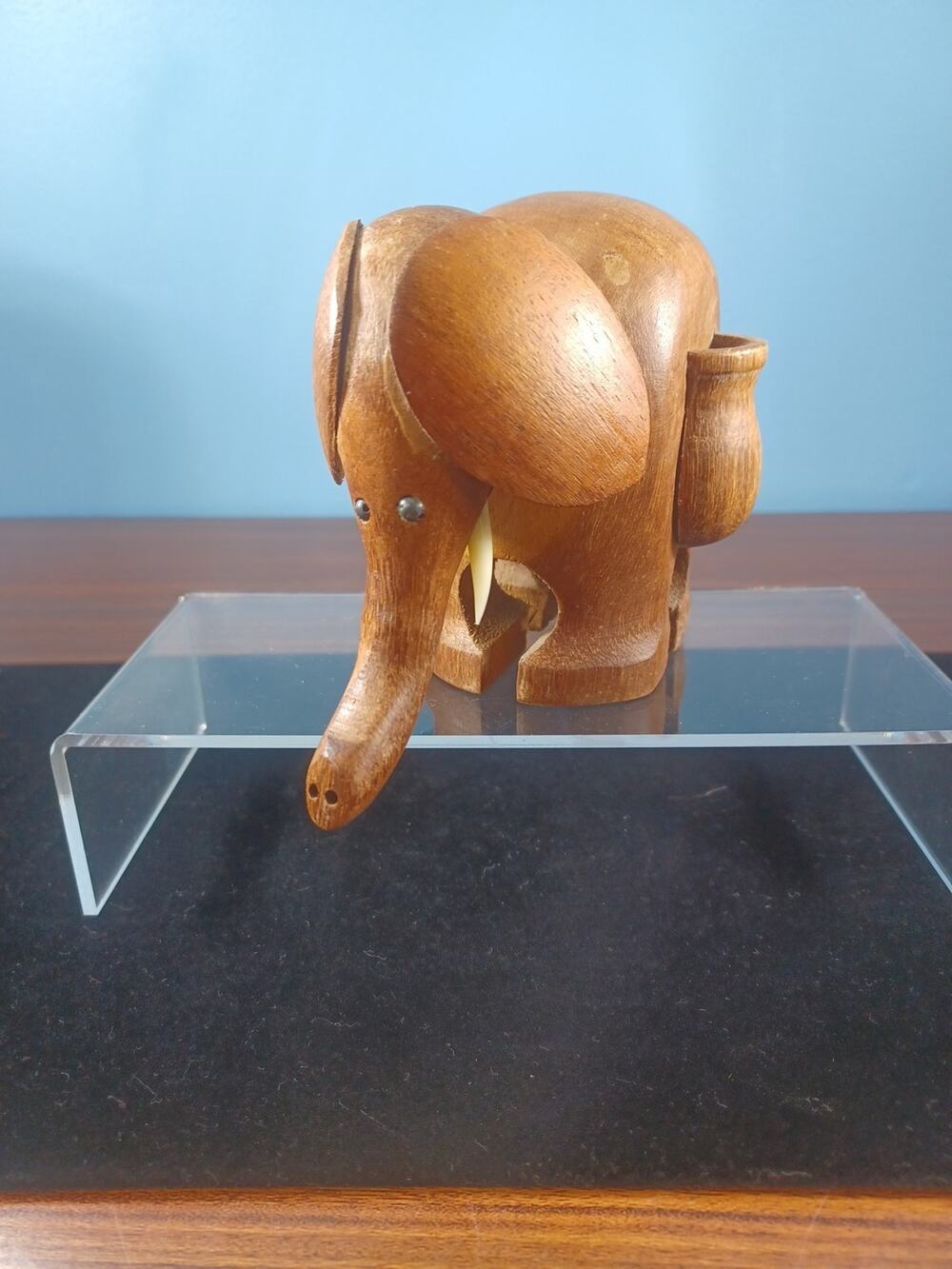 Hand Carved Wooden Elephant Toothpick/Matchstick Holder Pockets both sides 3"